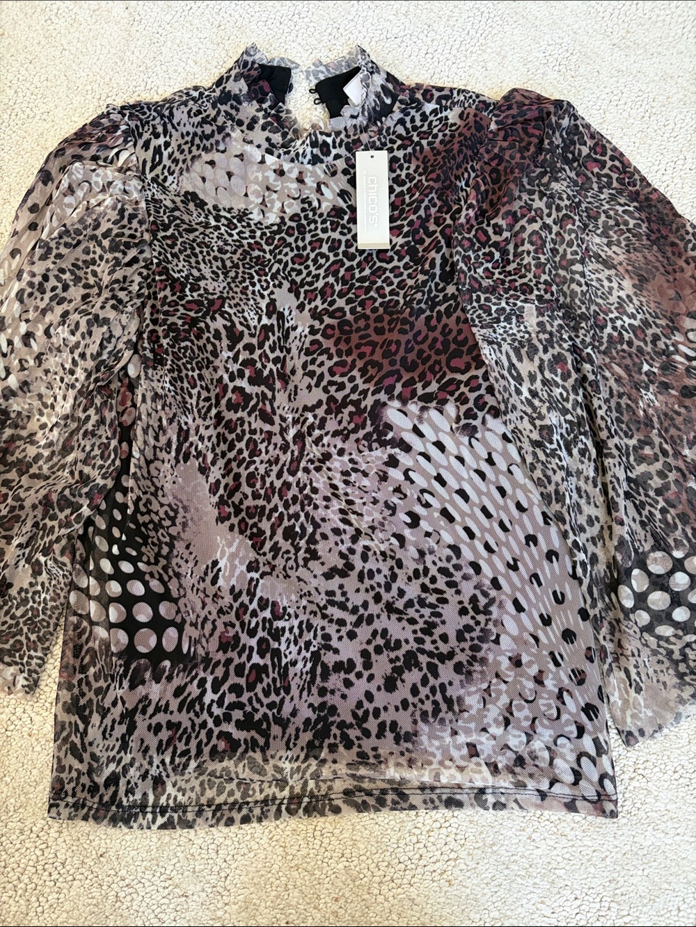 Chico's Sheer Animal Print Ruffle Neck Blouse - Taupe/Mauve